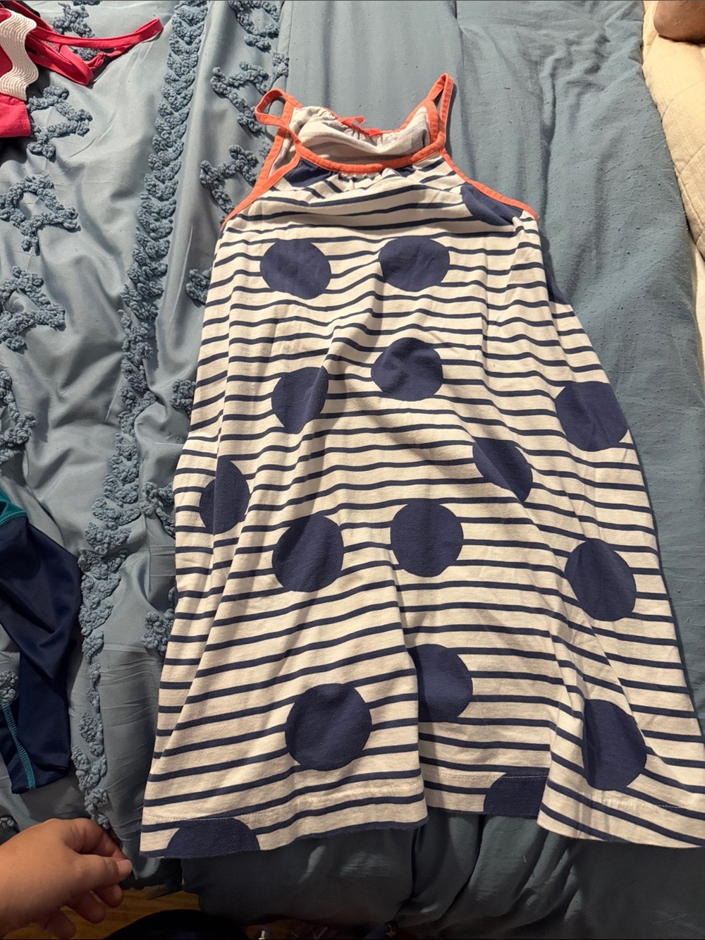 Joules Navy Polka Dot Striped Sundress with Coral Trim